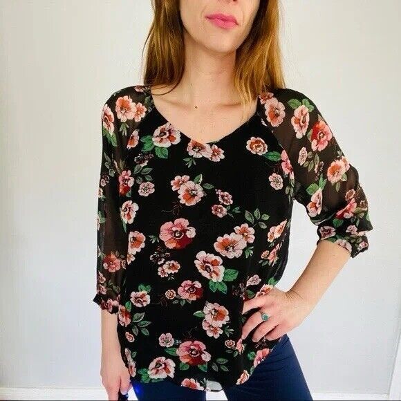 Cabi Black Floral Sheer 3/4 Sleeve Blouse Lined Top Women's Size Medium M Career - Picture 2 of 10